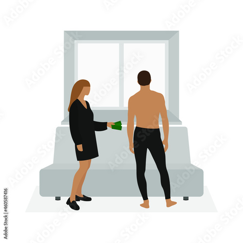 Female character giving money to  half-dressed male character looking out the window
