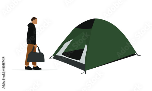 Male character with a bag in his hand stands near a tourist tent on a white background