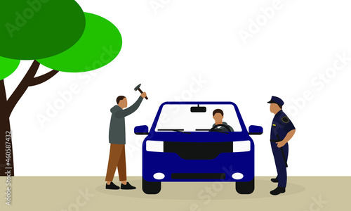 A male character is swinging a hammer at a car with a driver while a police officer is looking at it outdoors