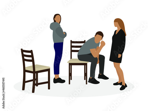 A male character is sitting on a chair and two female characters are standing next to him on a white background