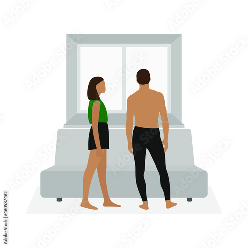 Female character and male character stand together near sofa and window barefoot on white background