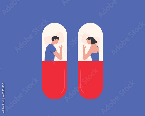 People sleeping in a sleeping pill. Woman and man suffering from sleep disorder and insomnia concept. Flat vector illustration.