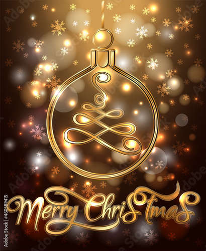 Merry Christmas and New Year  greeting card with golden xmas ball, vector illustration