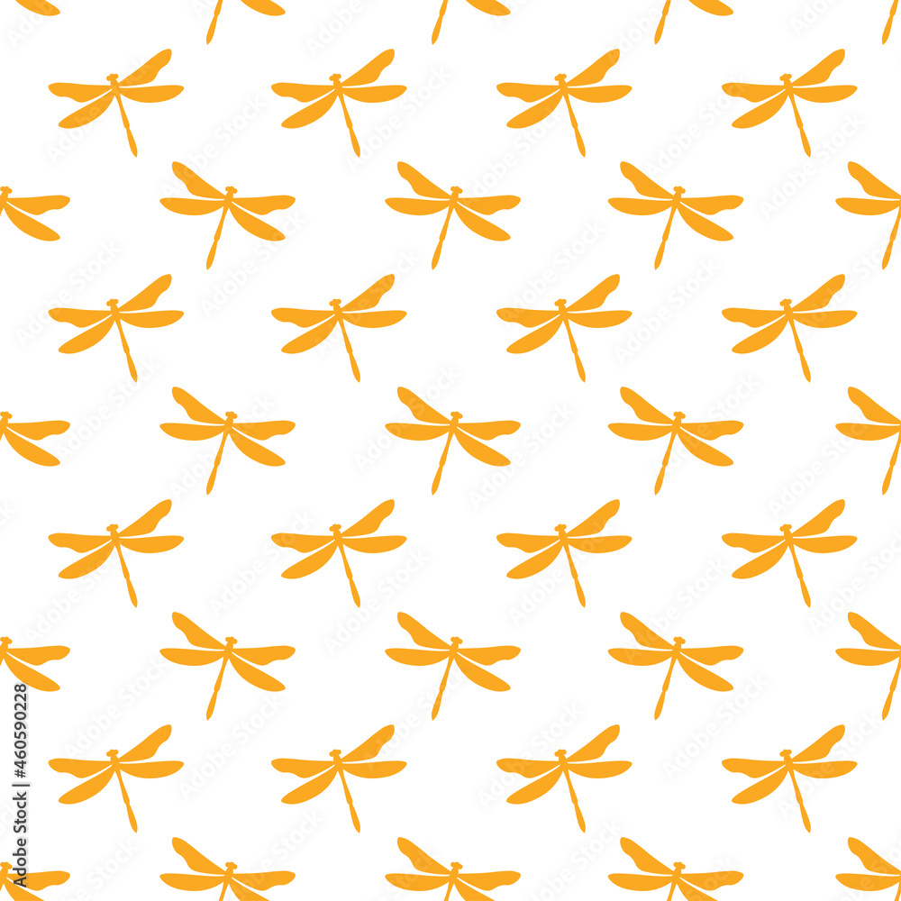 White seamless pattern with yellow dragonflies. Cute and childish design for fabric, textile, wallpaper, bedding, swaddles toys or gender-neutral apparel. White seamless pattern with yellow dragonflies. Cute and childish design for fabric, textile, wallpaper, bedding, swaddles toys or gender-neutral apparel.