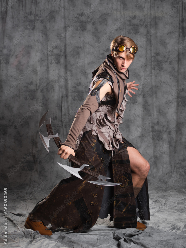 Fototapeta premium Steampunk or post-apocalyptic style character, with an unusual cold weapon