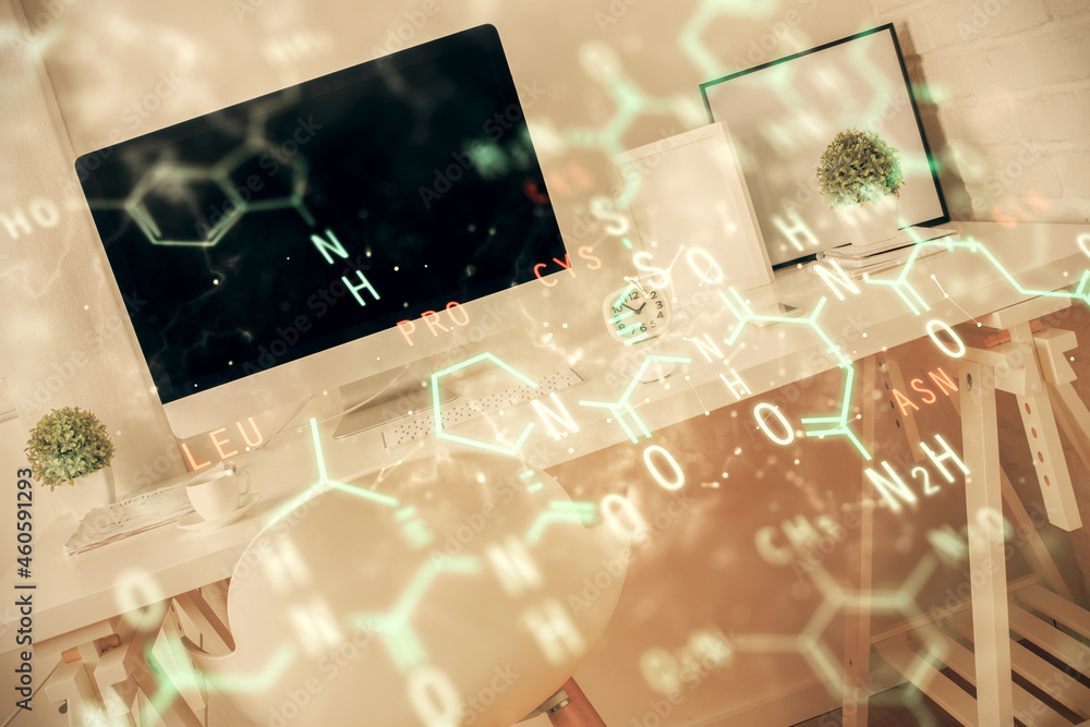 Fototapeta premium Double exposure of formulas drawing and office interior background. Concept of education.