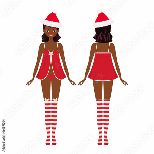 Young African American woman dressed in Christmas underwear. Front and back views. Vector illustration, Cartoon flat style
