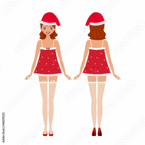 Young woman dressed in Christmas underwear. Front and back views. Vector illustration, Cartoon flat style