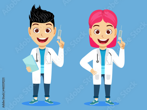 Happy cute kid boy and girl characters wearing scientist outfit standing and holding injections file