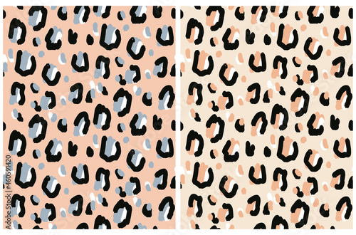 Abstract Leopard Skin Seamless Vector Patterns. Irregular Black, Beige and Blue Brush Spots on a Blush Pink and Beige Background. Abstract Wild Animal Skin Print. Simple Wild Cat Fur Design.