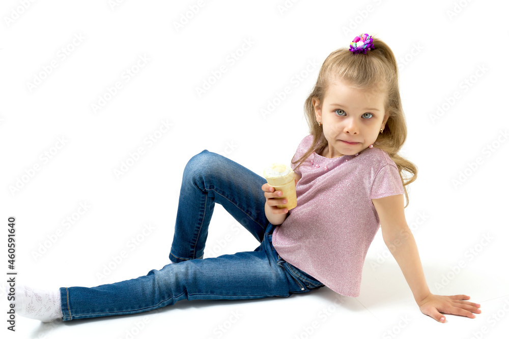Cute adorable happy little girl eating ice cream Cute adorable happy little girl eating ice cream