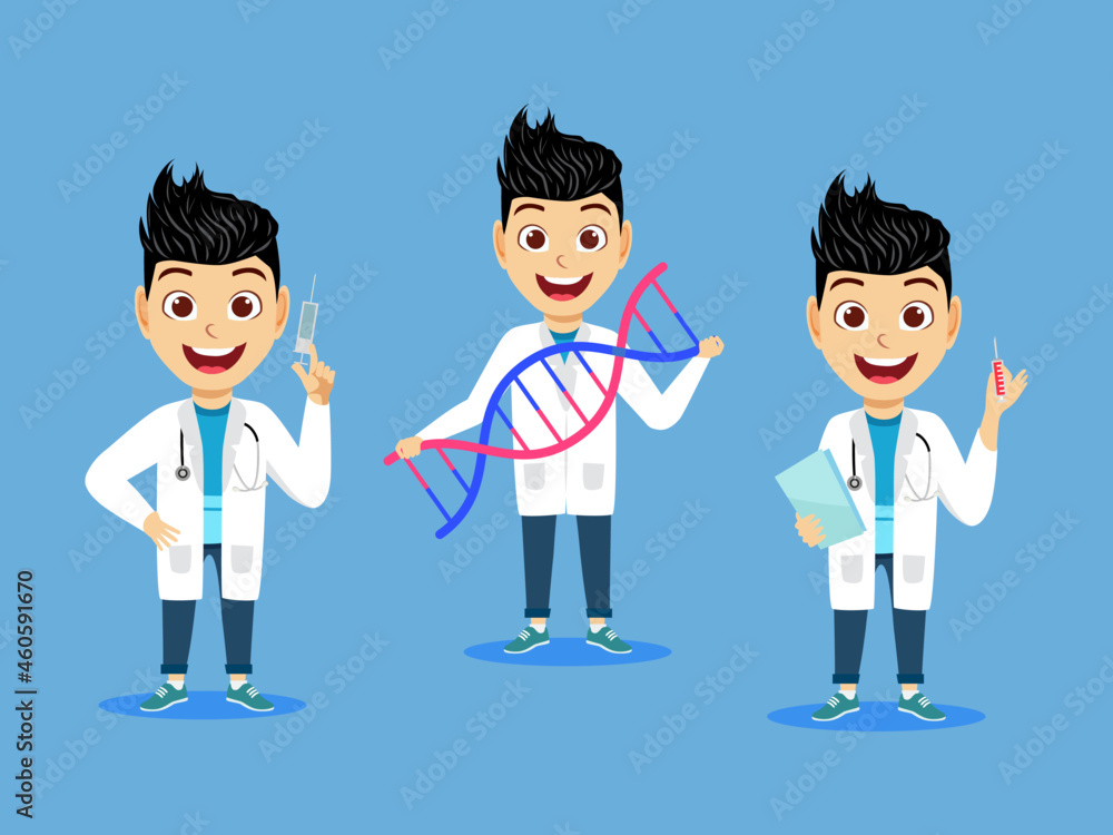 Happy cute kid boys character wearing scientist outfit standing and holding clipboard DNA injection Happy cute kid boys character wearing scientist outfit standing and holding clipboard DNA injection