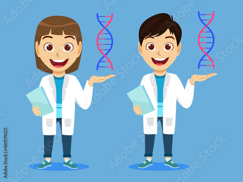 Happy cute kid boy and girl characters wearing scientist outfit standing and holding DNA and file