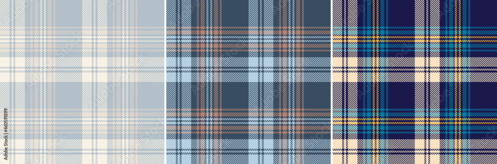 Check plaid pattern set in navy blue, yellow, brown, beige. Seamless textured simple tartan vector background for flannel shirt or other modern spring summer autumn winter fashion textile design. - obrazy, fototapety, plakaty 