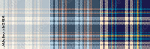 Check plaid pattern set in navy blue, yellow, brown, beige. Seamless textured simple tartan vector background for flannel shirt or other modern spring summer autumn winter fashion textile design.