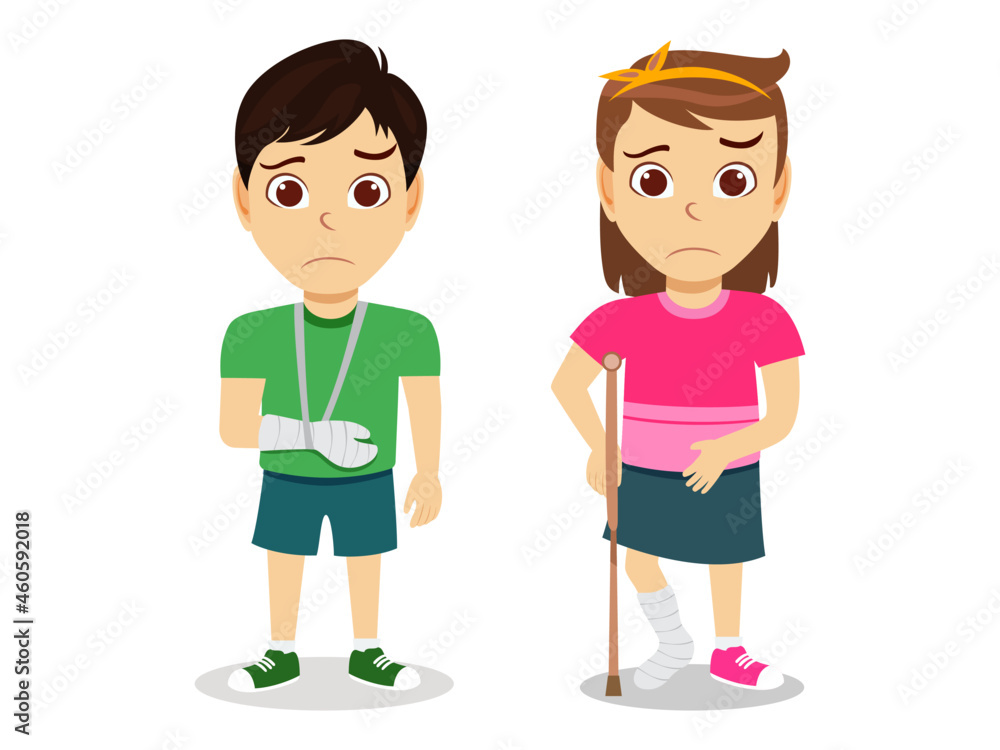 Cute beautiful kid boy and girl character wearing beautiful outfit and injured kid with broken hand and broken leg Cute beautiful kid boy and girl character wearing beautiful outfit and injured kid with broken hand and broken leg