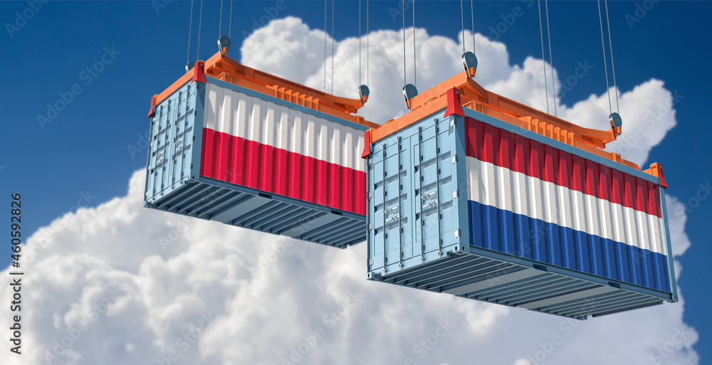 Freight containers with Poland and Netherlands national flags. 3D Rendering 