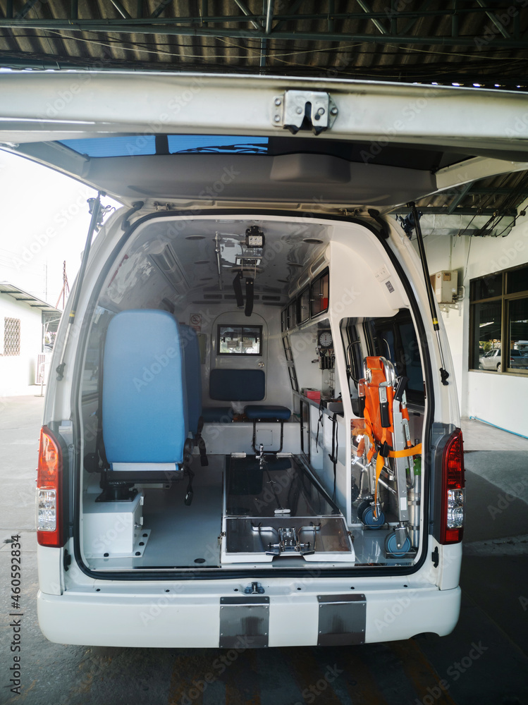 Interior of an ambulance, Emergency medical service Interior of an ambulance, Emergency medical service
