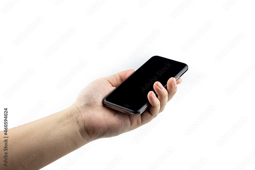 
hand holding a black smartphone with black screen isolated on a white background. with copy space and design