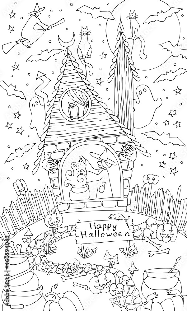 Obraz premium Vector illustration. Coloring Book for children and for adults. Halloween themed coloring with a witch, a cat and other magical things. The theme of witchcraft. Antistress freehand sketch drawing.