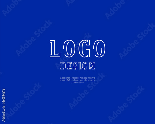 Trendy modern font slab serif, alphabet from two white stripes, uppercase and lowercase Latin letters from A to Z and Arab numbers from 0 to 9 for you design or logo