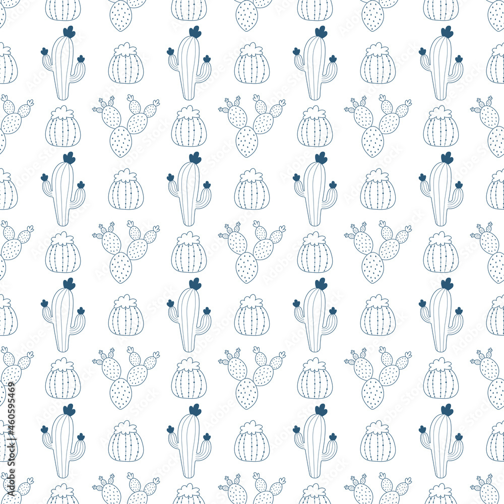 White seamless patterns with pastel purple outline cactus. White seamless patterns with pastel purple outline cactus.