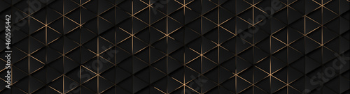 Luxury triangle abstract black metal background with golden light lines. Dark...