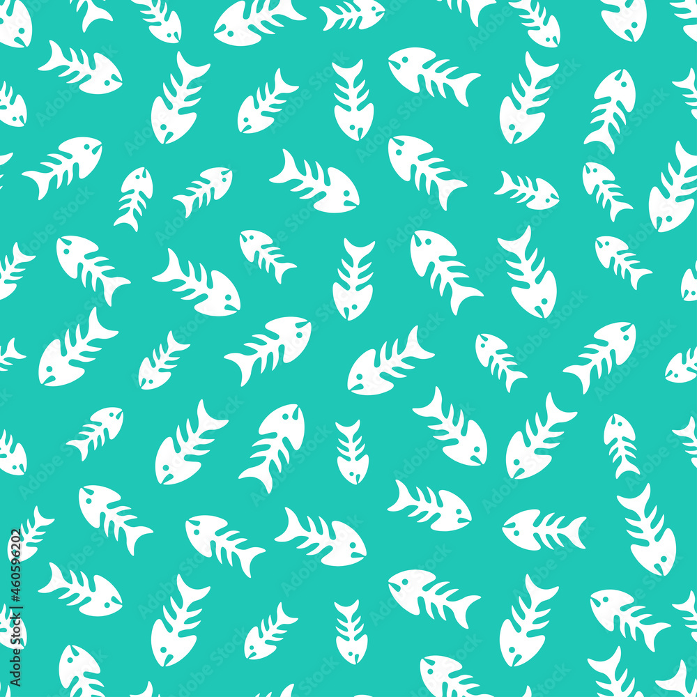 Fototapeta premium Blue seamless pattern with fish bones. Cute and childish design for fabric, textile, wallpaper, bedding, swaddles, toys or gender-neutral apparel. Simple and sweet print for nursery decor or wall art.