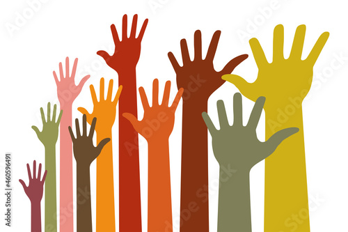 Colorful up hands distort emblem. Raised hands in perspective. Vector logo illustration.