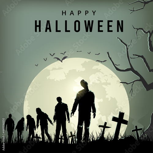 Halloween spooky night poster, Silhouette of zombies walking, Vector Illustration