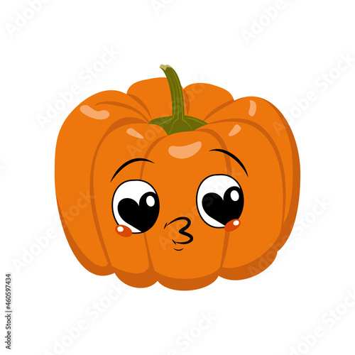 Wallpaper Mural Cute pumpkin character with joy emotions, face, big hearts eyes falls in love, kiss lips. Festive decoration for Halloween. Mischievous vegetable hero Torontodigital.ca
