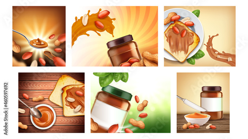 Nut Butter Creative Promotional Posters Set Vector. Peanut Butter Creamy Food, Organic Ingredient And Kitchen Utensil On Advertising Banners. Delicious Breakfast Style Concept Template Illustrations