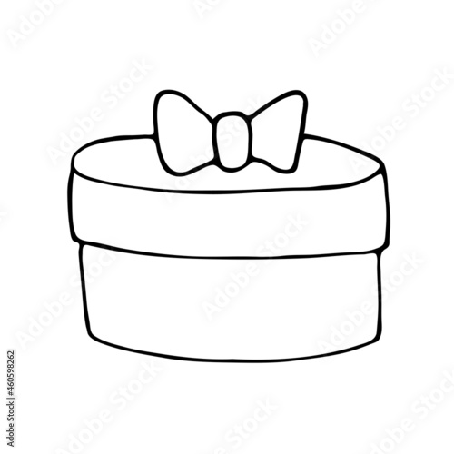 Doodle gift box. A gift with a bow. Round box with a bow for a holiday gift. Black and white vector image. A gift for Christmas, Birthday, New Year, various holidays.