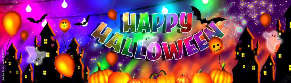Happy Halloween Party banner. Halloween illustration with scary pumpkins, balloons and bats.
Party lighting with a cool garland. Halloween countdown.