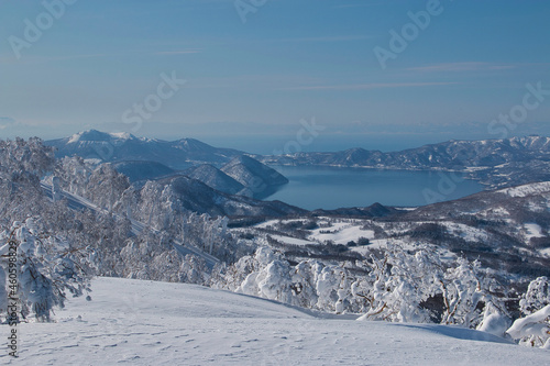 Snowy winter view of Lake Toya landscape from above  Hokkaido  Japan