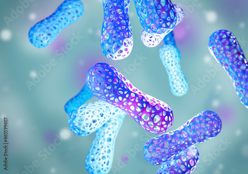 Microbiome of organism. Anaerobic bacteria in human body. Visualization bifidobacterium turquoise background. Beneficial bacteria in human body. Microbiome background. Microbiome bacteria. 3d image photo