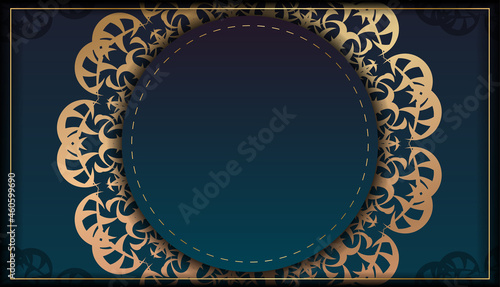 Greeting card template with gradient blue color with vintage gold ornament prepared for printing.