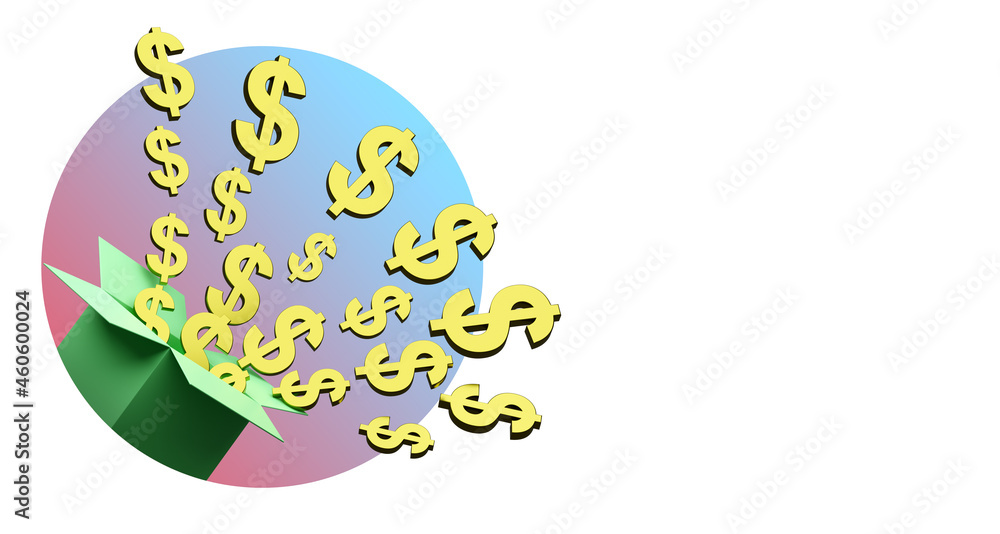 Dollar signs are flying out of box. Surprise box. Jackpot or big win concept. Surprise in box. By winning big cash jackpot. Dollar symbols on green background. Bonus winner illustration. 3d image