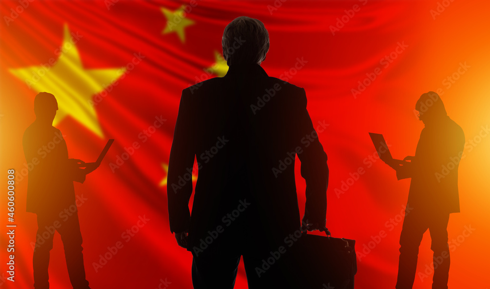 Silhouettes businessmen on background of flag of PRC. Business in China. China travel business concept. Doing business with People Republic of China. Gray-haired businessman with bag.