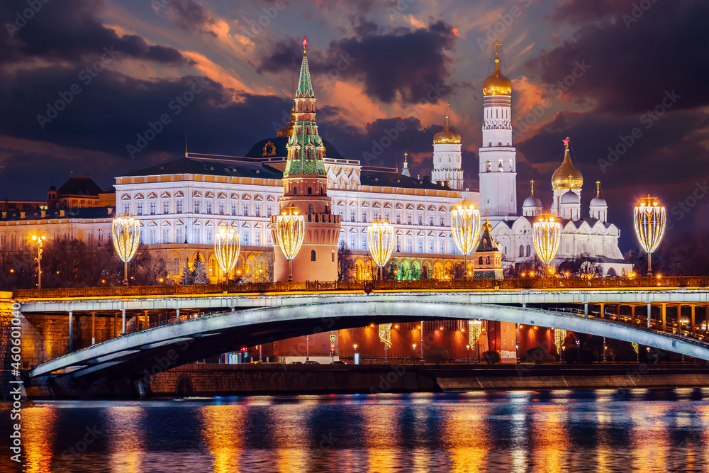 Moscow Kremlin. Russia is capital. Moscow on winter night. Grand Kremlin Palace. Christmas decorations on bridge. Kremlin towers on winter night. Sights of Moscow. Russian Federation.