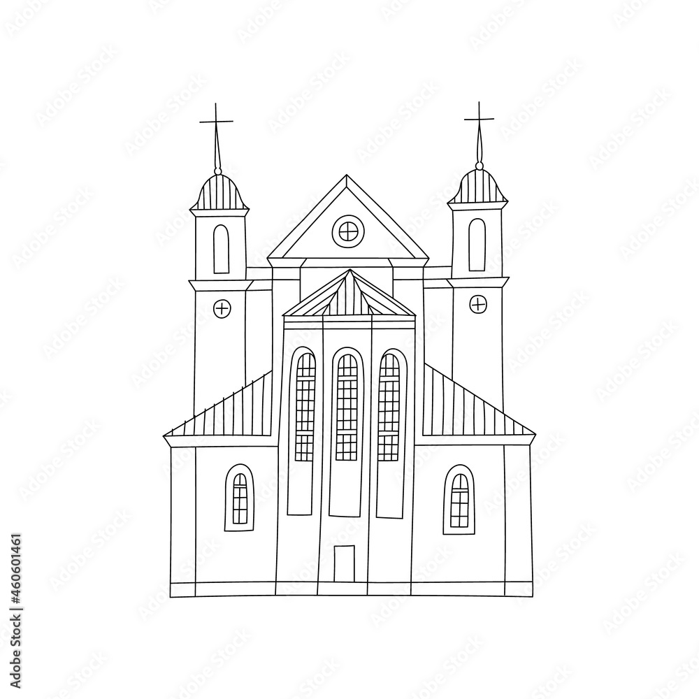 Vector line hand drawn illustration with The Church of Peter and Paul. Minsk, Belarus. Orthodox architecture