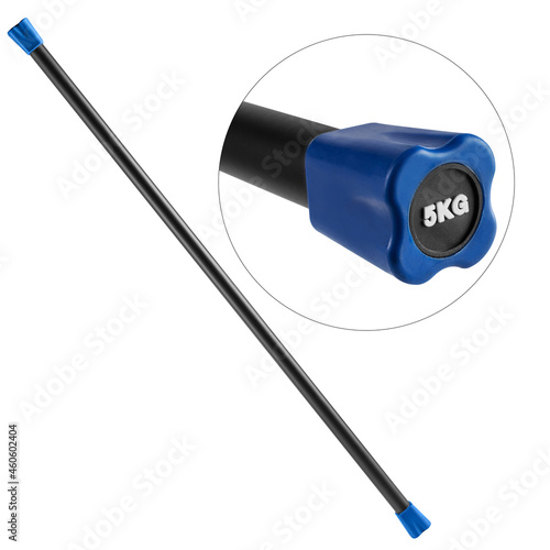 stick bodybar for fitness, weight five kilograms, with a blue tip, on a white background photo