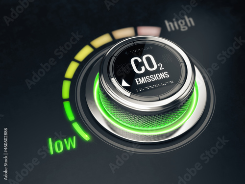 Reduce CO2 level concept. Carbon dioxide emissions control, CO2 level to the min position. 3d rendering