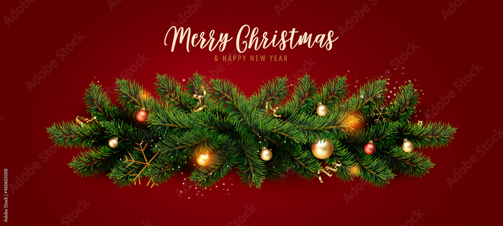 Xmas background with Season Wishes. Christmas border of Christmas tree branches with glitter golden confetti and balls. Realistic vector illustration.
