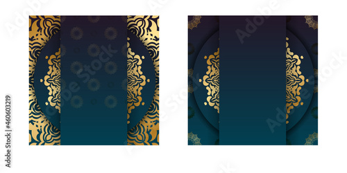 Template Greeting card with gradient blue color with abstract gold pattern prepared for printing.