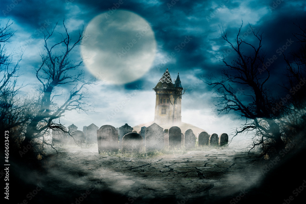 Spooky night scene background composition. Halloween composition design  with scary dark forest, haunted house and graveyard. Mystery horror  landscape with halloween pumpkins. Stock Photo | Adobe Stock