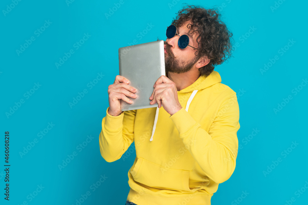 funny young guy with curly hair and moustache kissing tab funny young guy with curly hair and moustache kissing tab
