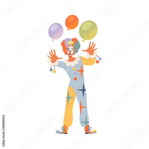 Circus artist performing at show, carnival party. Friendly funny clown with colorful balloons cartoon vector illustration