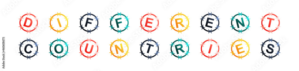 Different Countries - text written in colorful circles on white background Different Countries - text written in colorful circles on white background