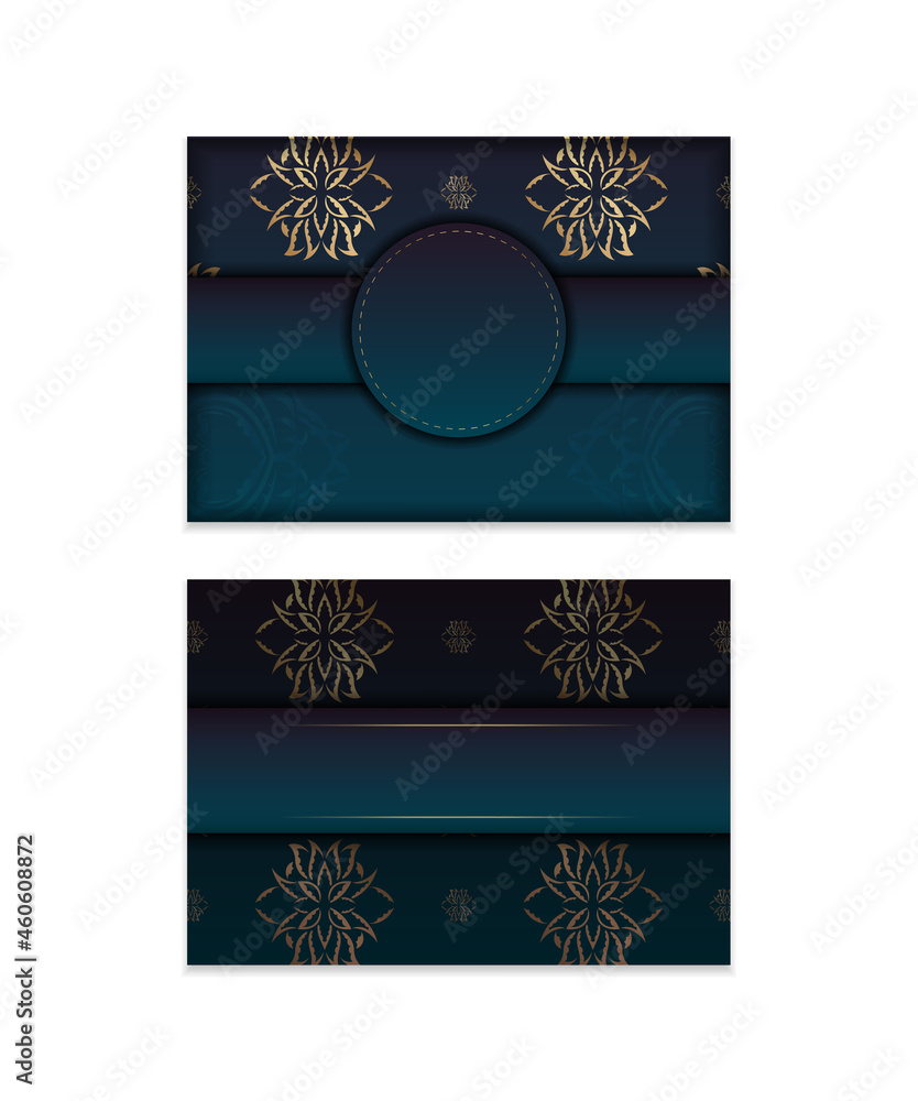 Template Congratulatory Brochure with gradient blue color with Indian gold ornaments for your design.